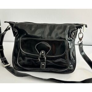 Kesslord Paris Patent Leather Saddle Adjustable Crossbody Silver Hardware Y2K